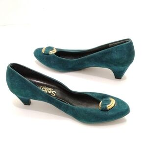 Vintage Selby Comfort Flex Green Suede Leather Kitten Heel Pumps Shoes Size 7.5